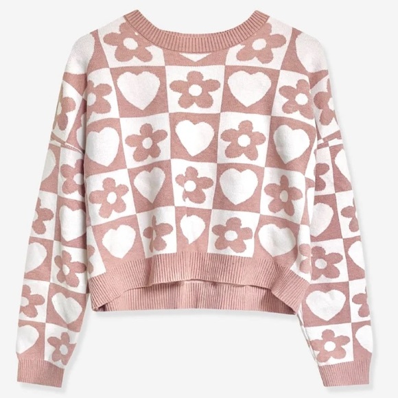 Light Pink/Mauve and White Checker Floral Sweater - Picture 3 of 4